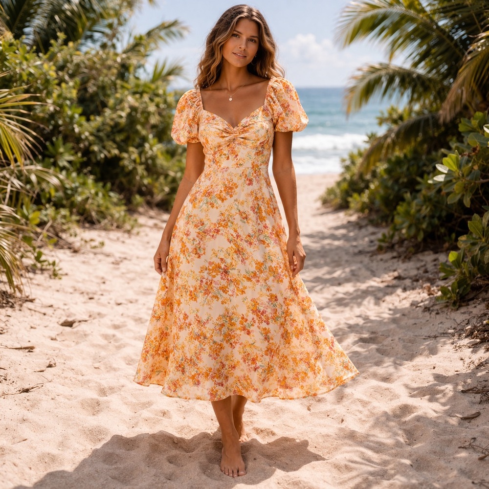 Sincerely Jules Floral Midi Dress Puff Sleeve Twist Front Cottagecore Summer S